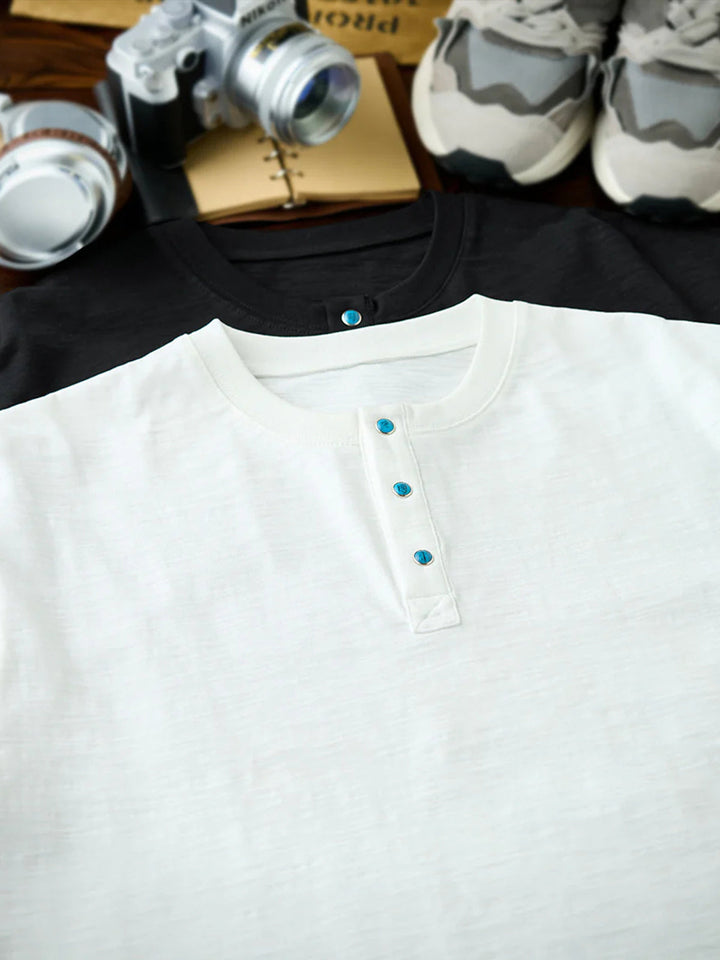 Turquoise Button Cotton Slub Henley T-Shirt