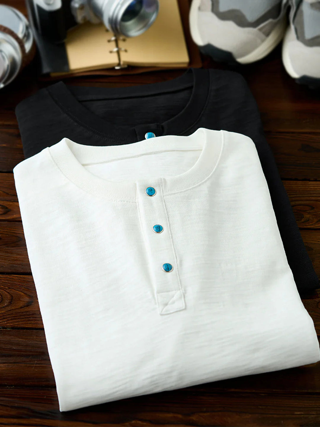 Turquoise Button Cotton Slub Henley T-Shirt