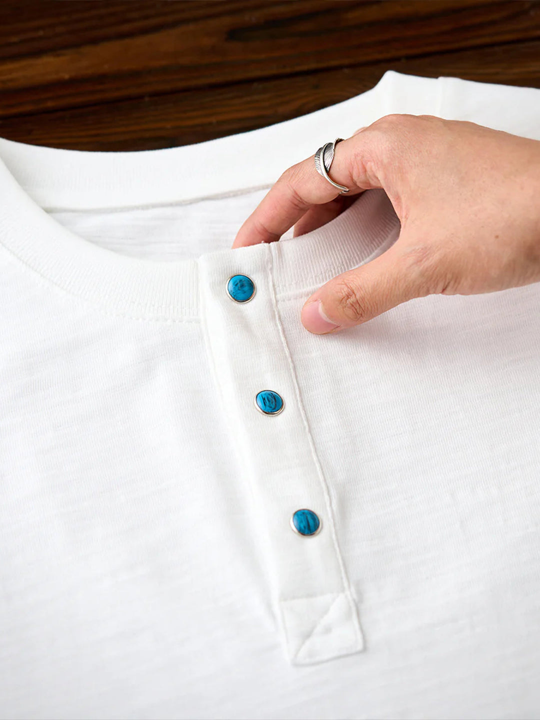 Turquoise Button Cotton Slub Henley T-Shirt