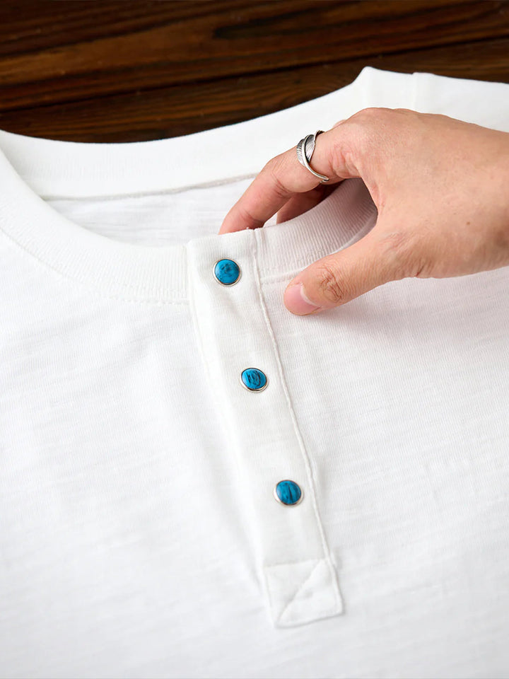 Turquoise Button Cotton Slub Henley T-Shirt