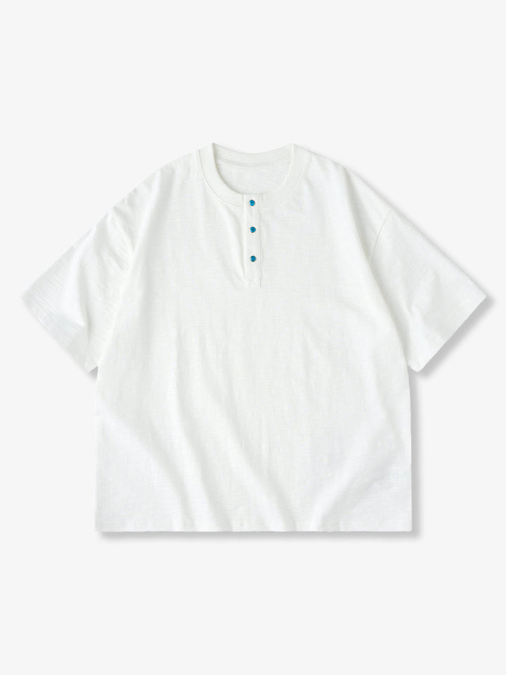 Turquoise Button Cotton Slub Henley T-Shirt